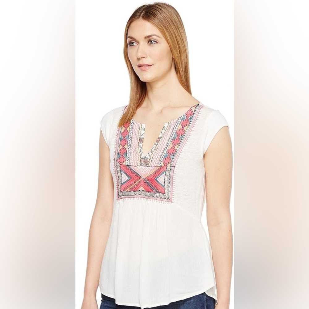 Lucky Brand Womens Embroidered Bib Blouse XL